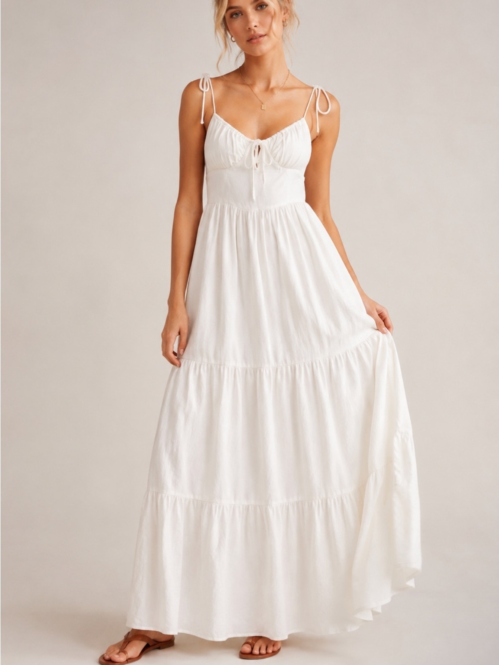 NIA White Linen Blend Tie Strap Maxi Dress Size Small Coastal Boho 8326